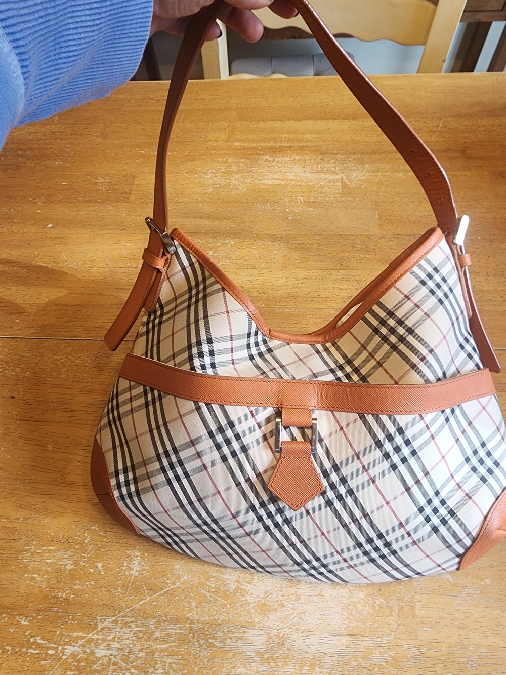 vintage Burberry Nova Check Canvas Hobo Bag, vibrant orange Leather Trim
